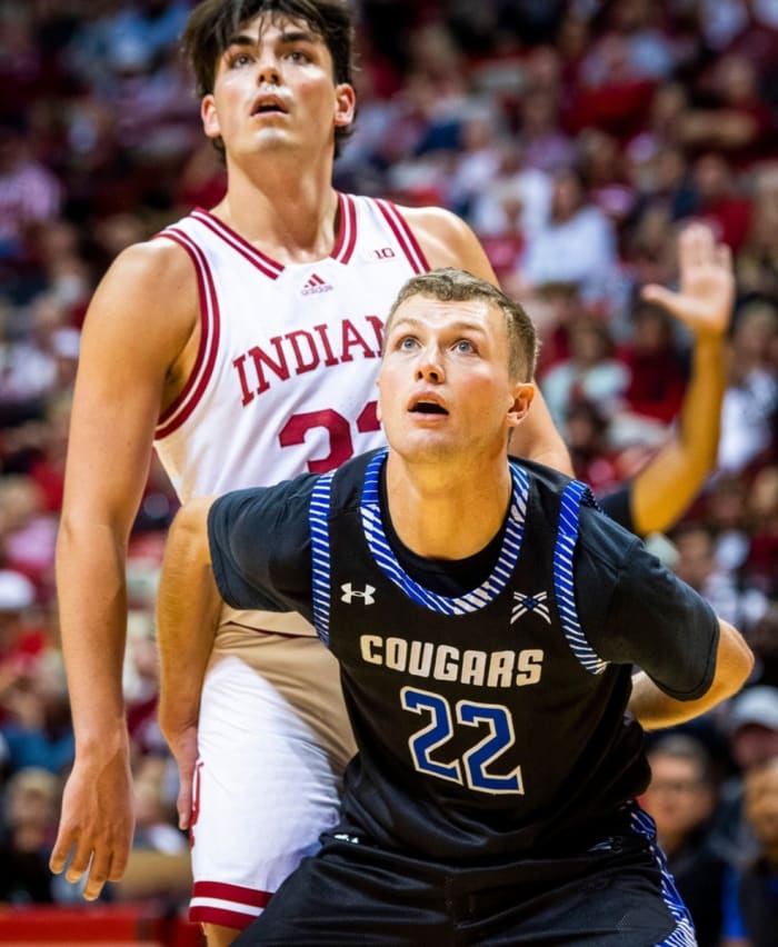 St. Francis' Brayton Bailey (22) blocks out Indiana's Trey Galloway (32) during the Indiana versus St. Francis men's basketball game at Simon Skjodt Assembly Hall on Thursday, Nov. 3, 2022.